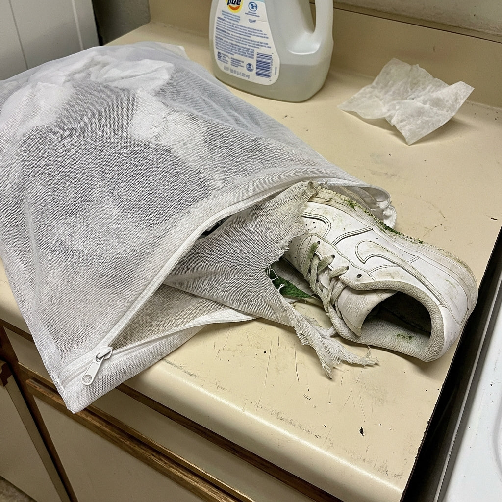 Torn mesh laundry bag with broken zipper, kids' sneaker falling out on laundry room counter