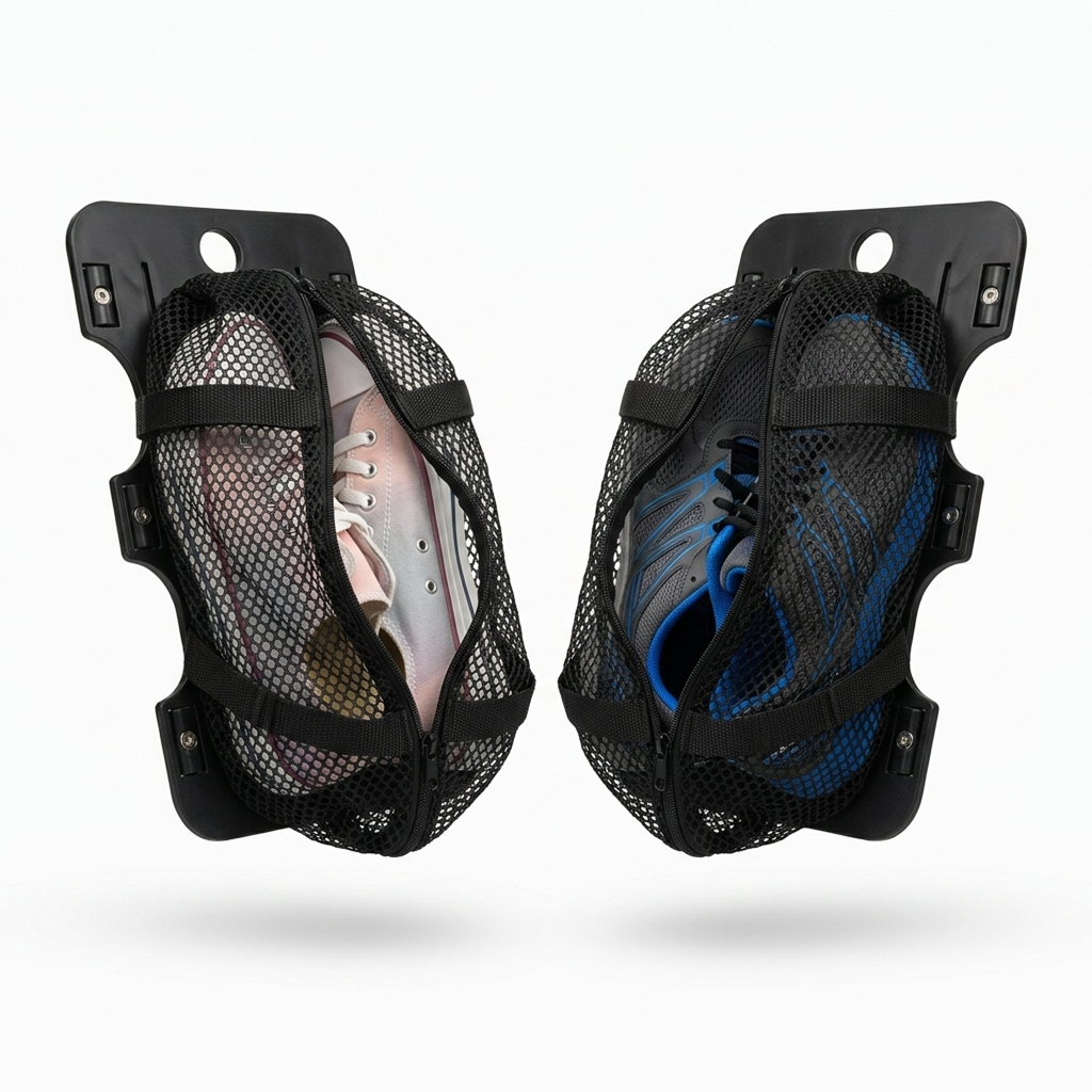 Two SHOONOISE devices showing shoes secured inside the mesh bag with magnetic backplate