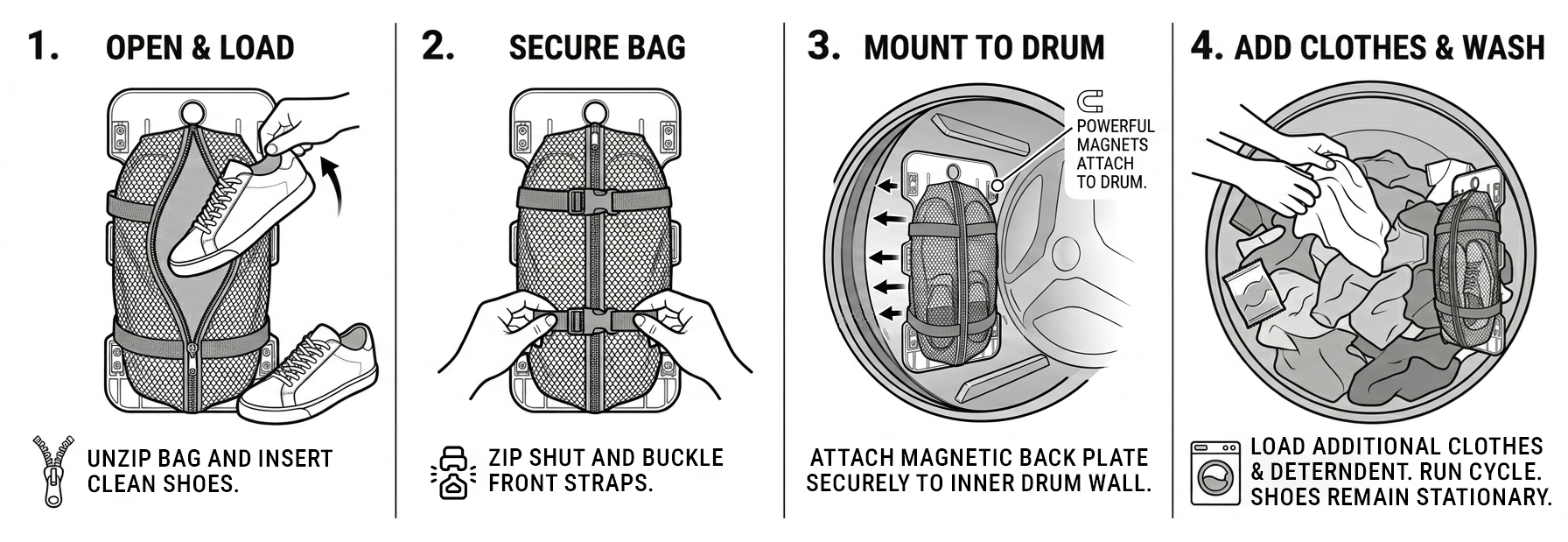 How to use SHOONOISE: 1. Open and load shoes, 2. Secure bag, 3. Mount to drum, 4. Add clothes and wash