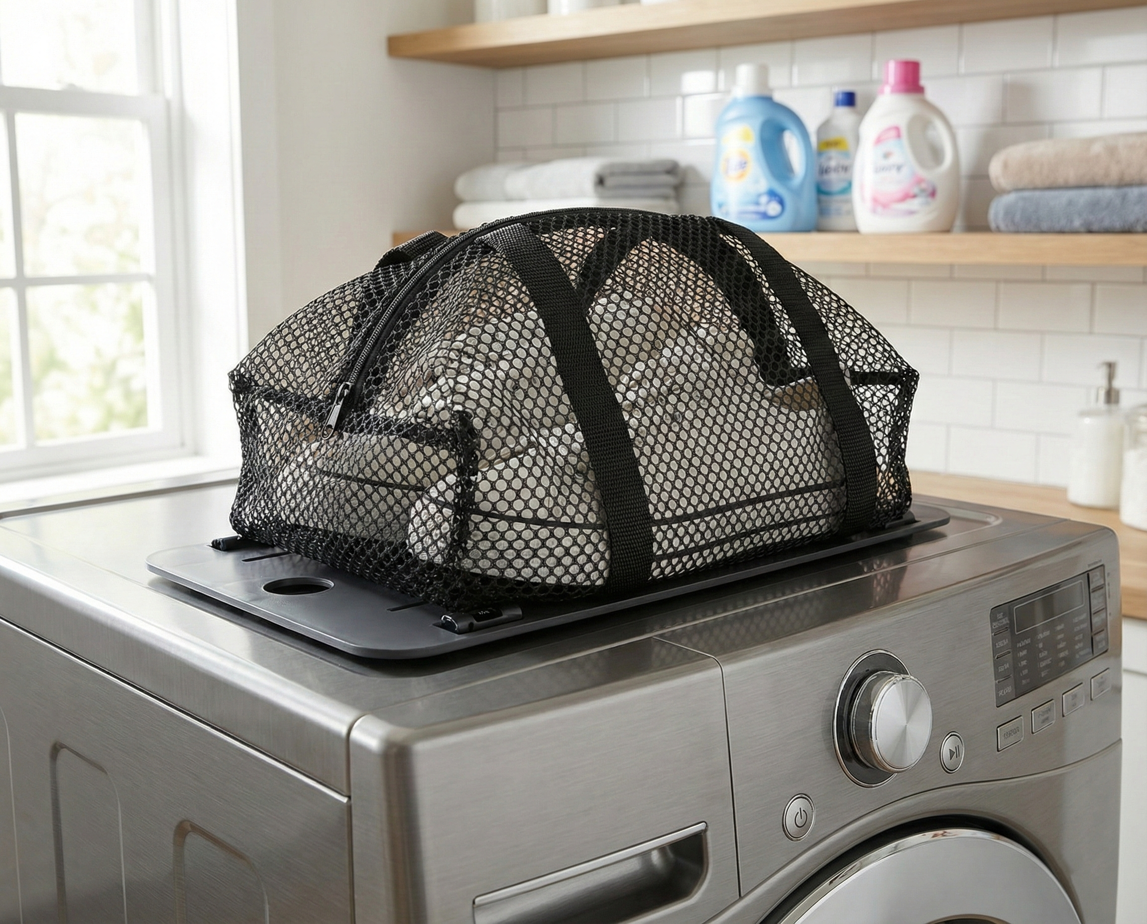SHOONOISE device with shoes on top of washer in a clean, bright laundry room